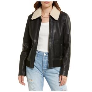 Treasure & Bond Leather Bomber Jacket with Removable Faux Shearling Trim Small
